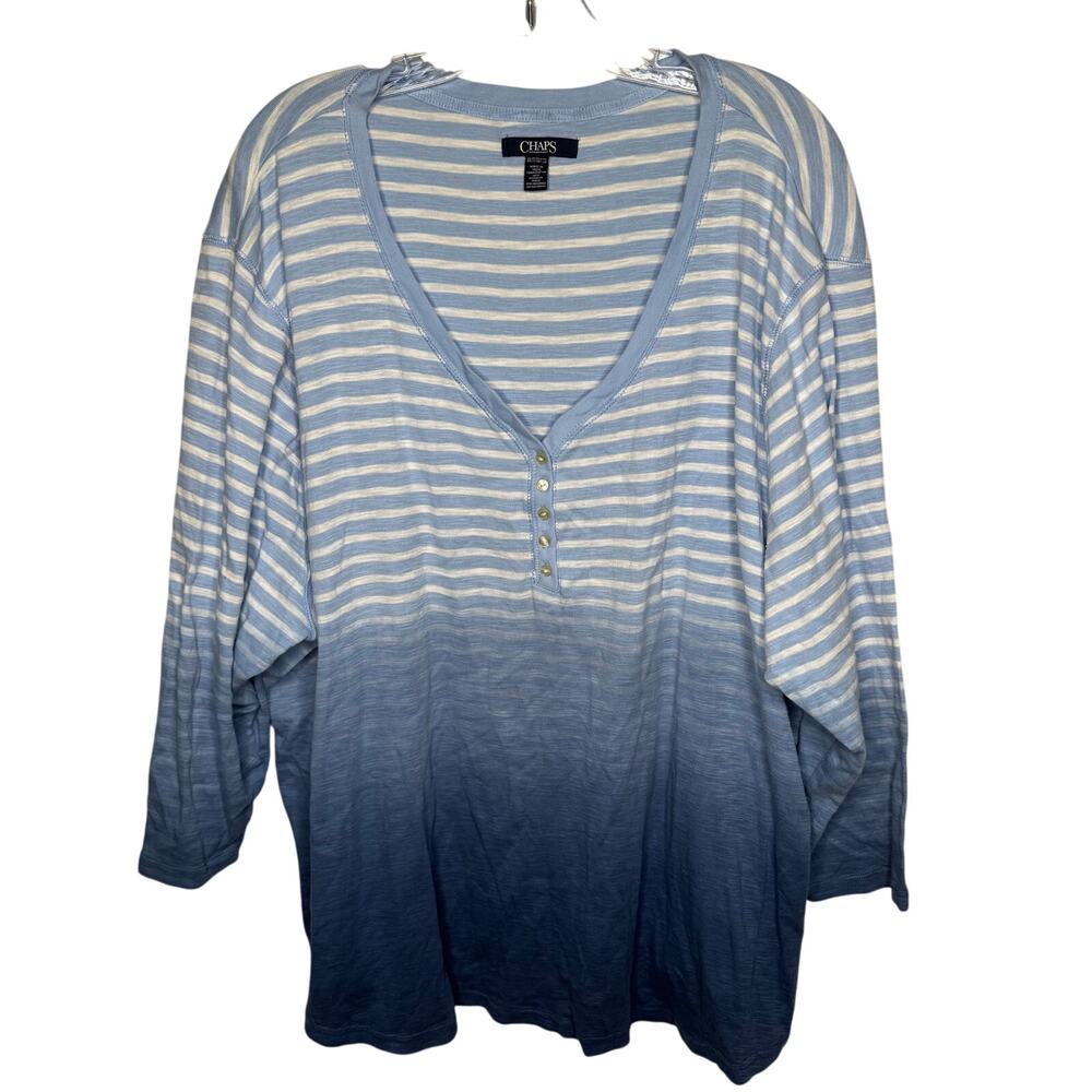 Chaps Women’s 3X Blue White Striped Ombre‎ Henley Top 3/4 Sleeve 100% Cotton